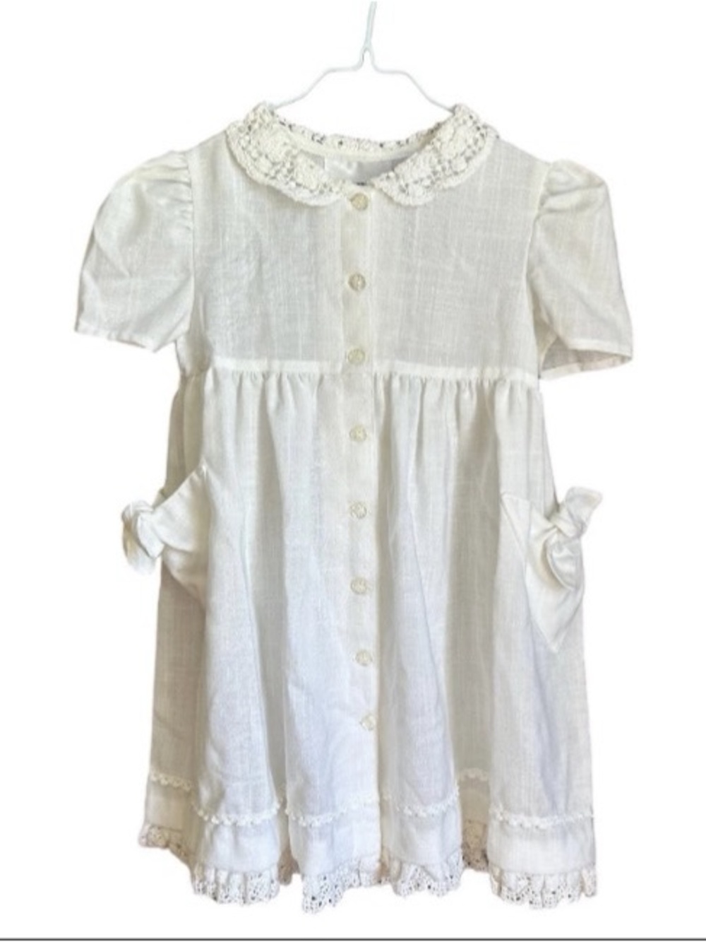 Vintage Toddler Girls Dress Size 4T Crochet Collar Lace Puff Sleeves Pocket Bows